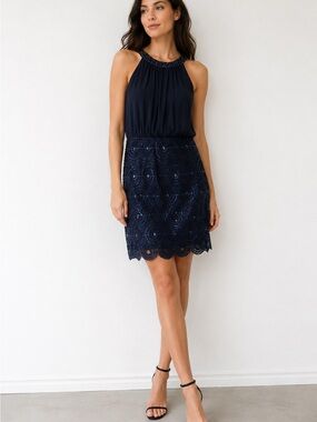 NWT Vintage Le Chateau Navy Halter Sequin Cocktail Midi Dress - Medium